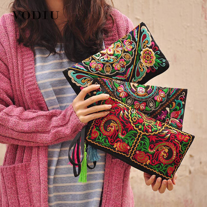 Women Ethnic National Retro Butterfly Flower Bags Handbag Coin Purse Embroidered Lady Clutch Tassel