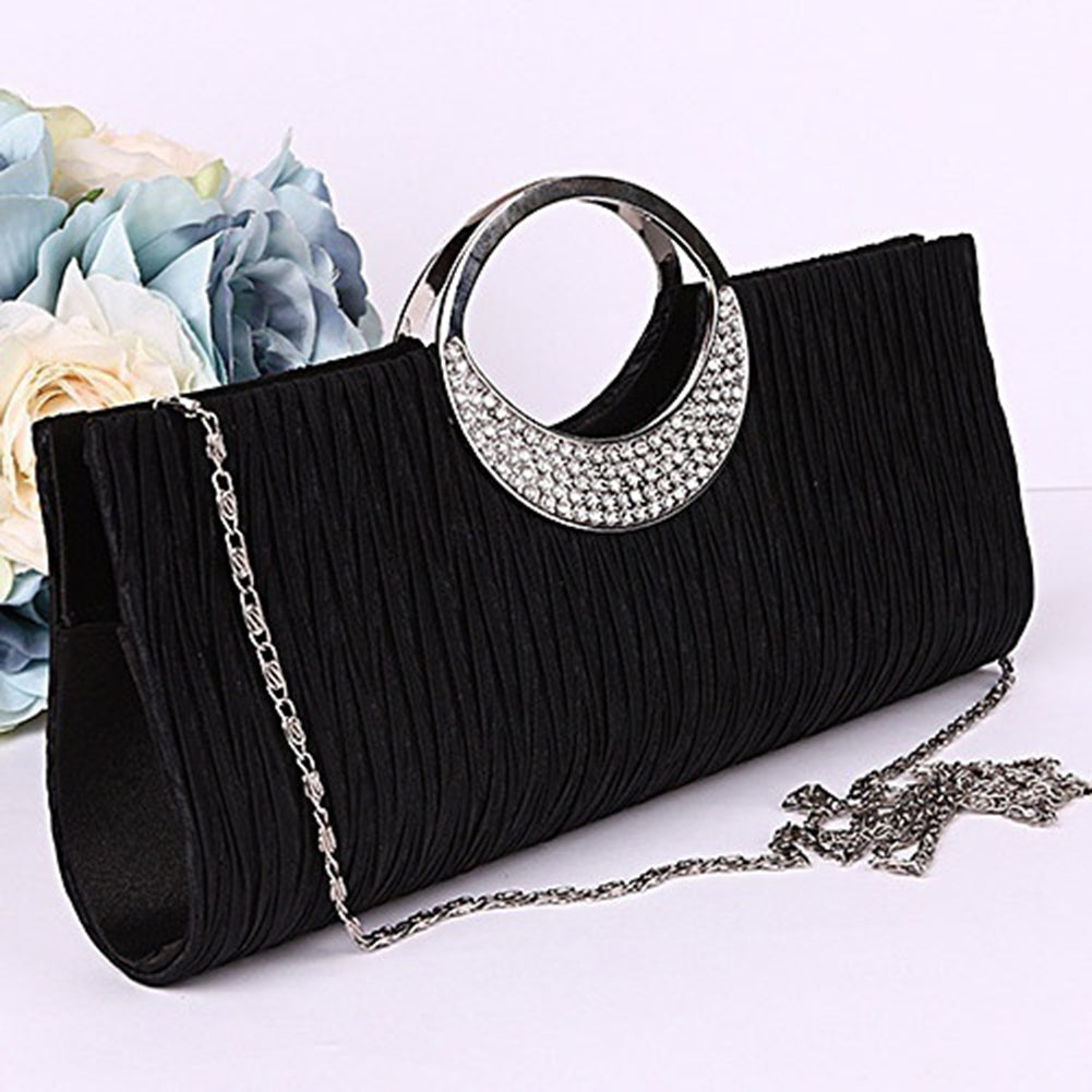 201 New Women Luxury Rhinestone Satin Pleated Evening Bag Party Clutch Purse Handbag