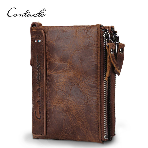 CONTACT'S HOT Genuine Crazy Horse Cowhide Leather Men Wallet Short Coin Purse Small Vintage Wallets