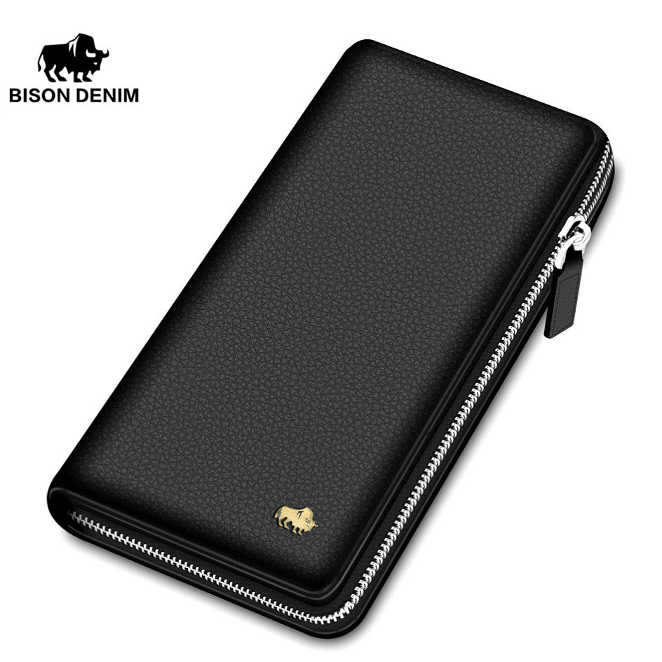 BISON DENIM Brand Genuine Leather Wallet Men Clutch Bag Leather Wallet Card Holder Coin Purse Zipper