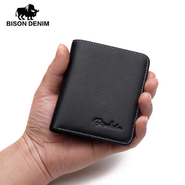 BISON DENIM Black Purse For Men Genuine Leather Men's Wallets Thin Male Wallet Card Holder Cowskin S