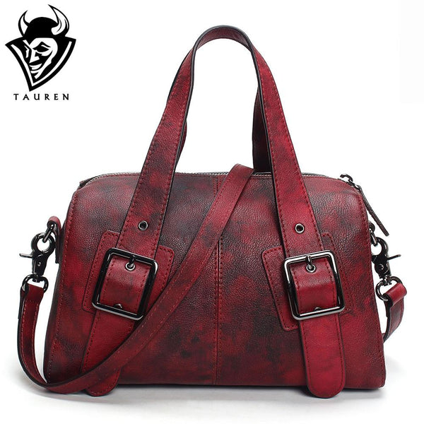 Original Design Genuine Leather Women Handbag Rivet Decoration Totes Cowhide Hand Brush Color Messen